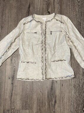 Chicos Jacket Size 0 Womens Solid Beige Long Sleeve Snakeskin Trim Silver Zipper